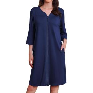 Ekouaer Zipper Robes for Women 3/4 Sleeves Housecoat Soft Nightgowns Sleepwear Mumu House Dresses with Pockets(Navy Blue)