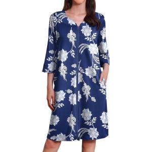Ekouaer Zipper Robes for Women 3/4 Sleeves Housecoat Soft Nightgowns Sleepwear Mumu House Dresses with Pockets(Paisley)