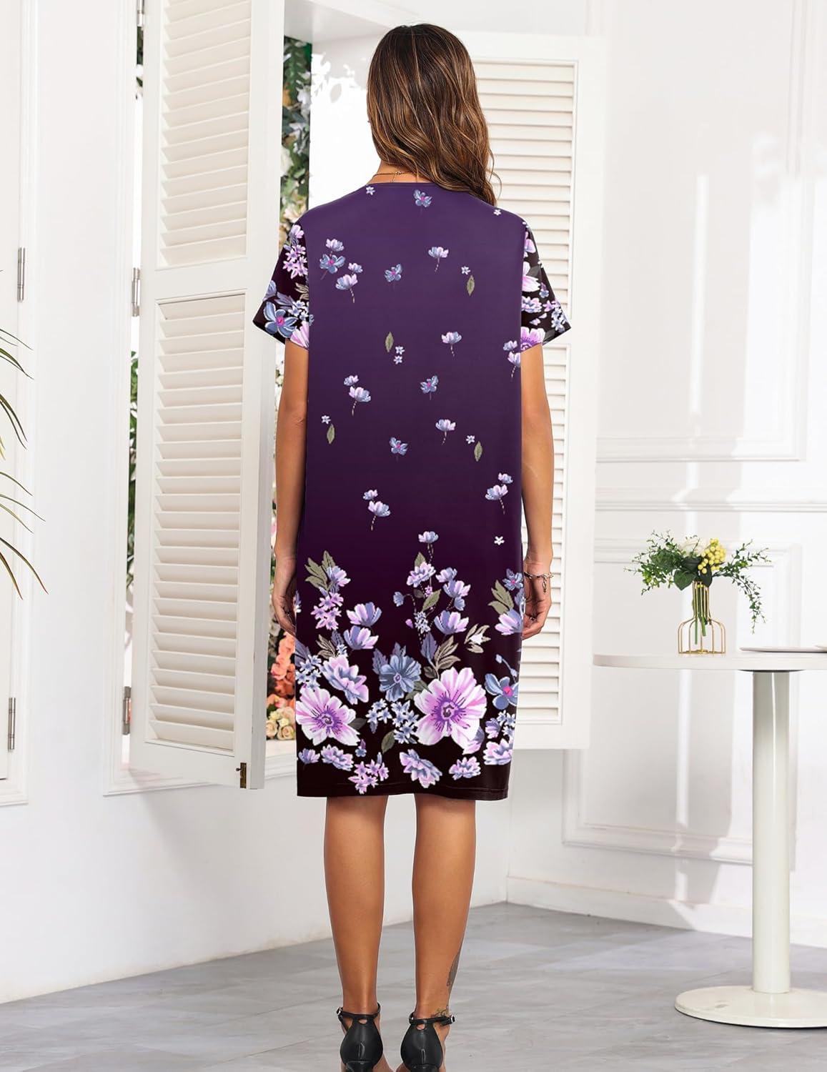 imageEkouaer House Dresses for Women with Pockets Button Down Nightgowns Plus Size Moo Moos Mumu Dresses Floral Print S3XLFlower Purple