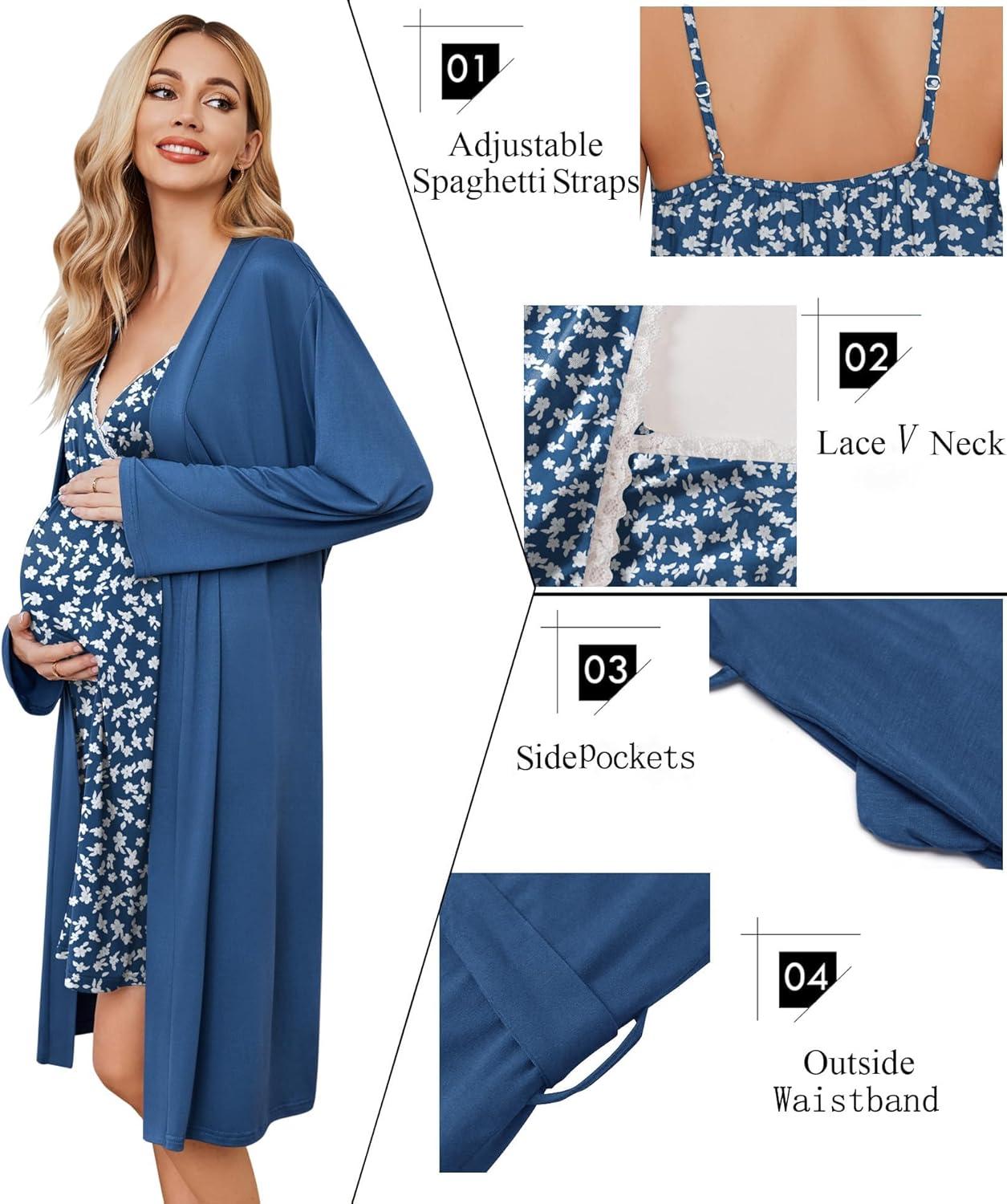 imageEkouaer Maternity Nursing Gown and Robe Set Lace Nursing Nightgown for Breastfeeding Labor Delivery gowns for HospitalDark Blue Flower