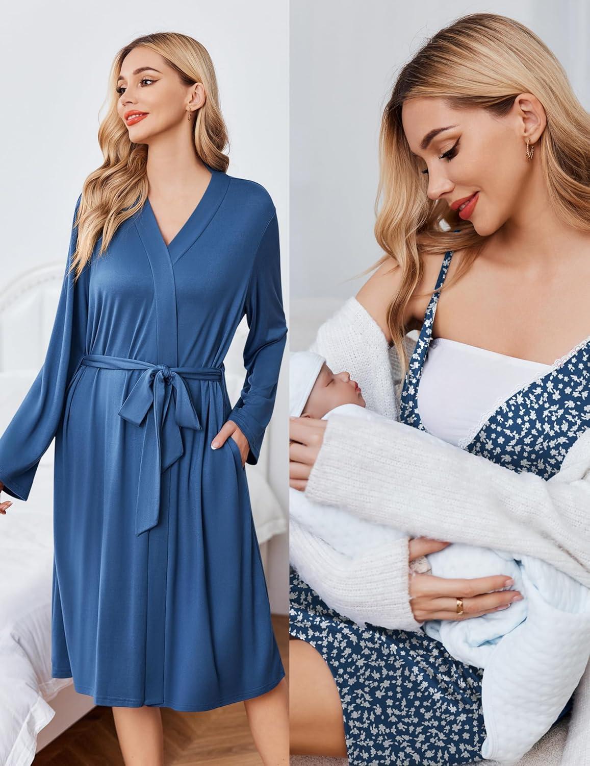 imageEkouaer Maternity Nursing Gown and Robe Set Lace Nursing Nightgown for Breastfeeding Labor Delivery gowns for HospitalDark Blue Flower
