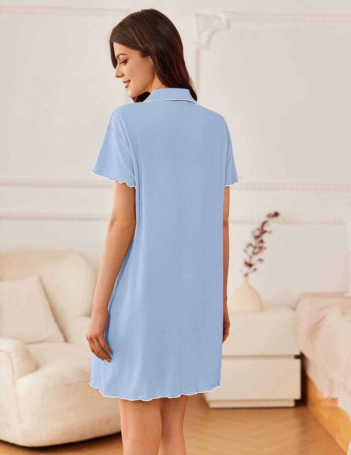 imageEkouaer Nightgowns for Women Button Down Sleep Shirt Short Sleeve NightShirts Boyfriend Sleepdress Soft Pajama DressSky Blue