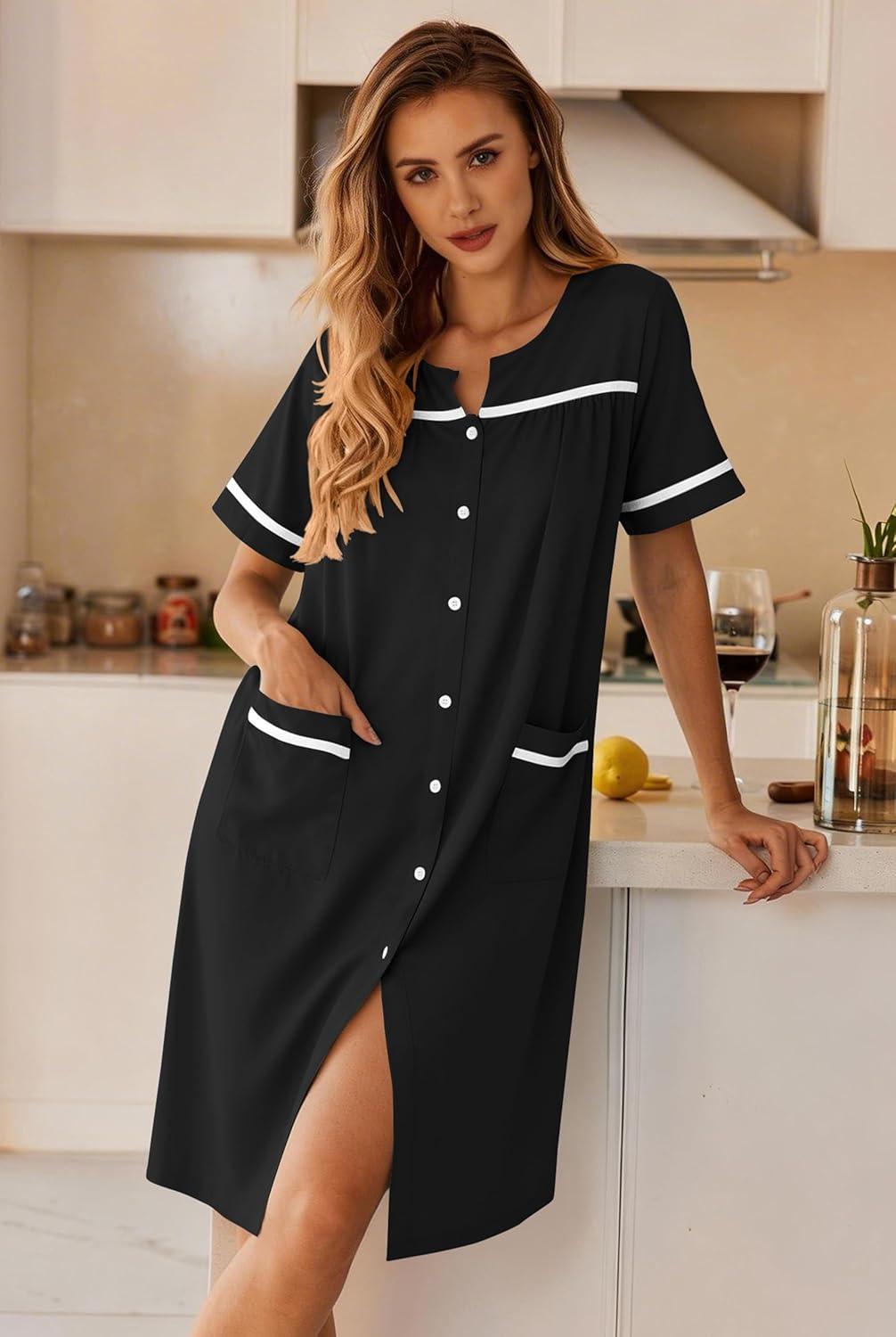 imageEkouaer Nightgowns for Women House Dress with Pockets Button Down Sleepshirt Short Sleeve Nightshirt HousecoatBlack