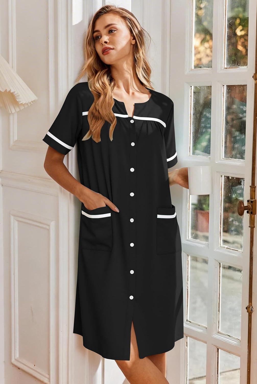 imageEkouaer Nightgowns for Women House Dress with Pockets Button Down Sleepshirt Short Sleeve Nightshirt HousecoatBlack