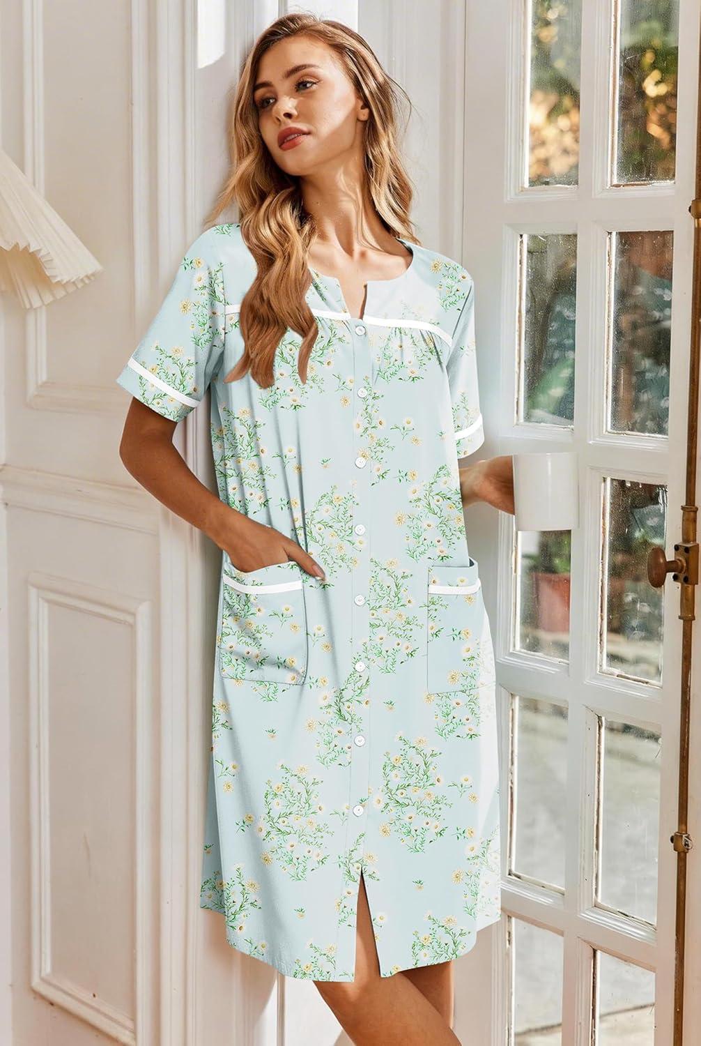 imageEkouaer Nightgowns for Women House Dress with Pockets Button Down Sleepshirt Short Sleeve Nightshirt HousecoatGreen Daisy