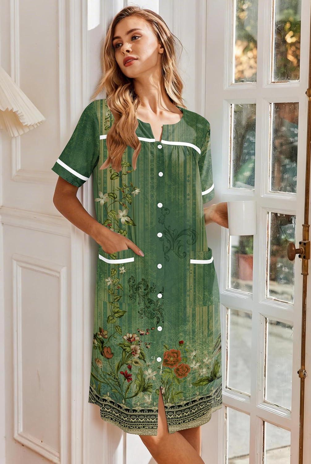imageEkouaer Nightgowns for Women House Dress with Pockets Button Down Sleepshirt Short Sleeve Nightshirt HousecoatGreen Flower