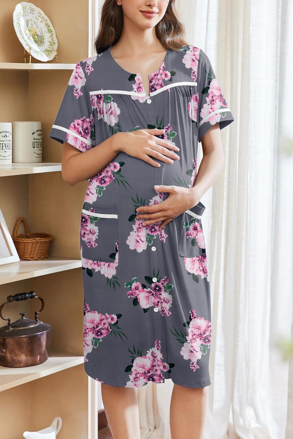 imageEkouaer Nightgowns for Women House Dress with Pockets Button Down Sleepshirt Short Sleeve Nightshirt HousecoatGrey Flower