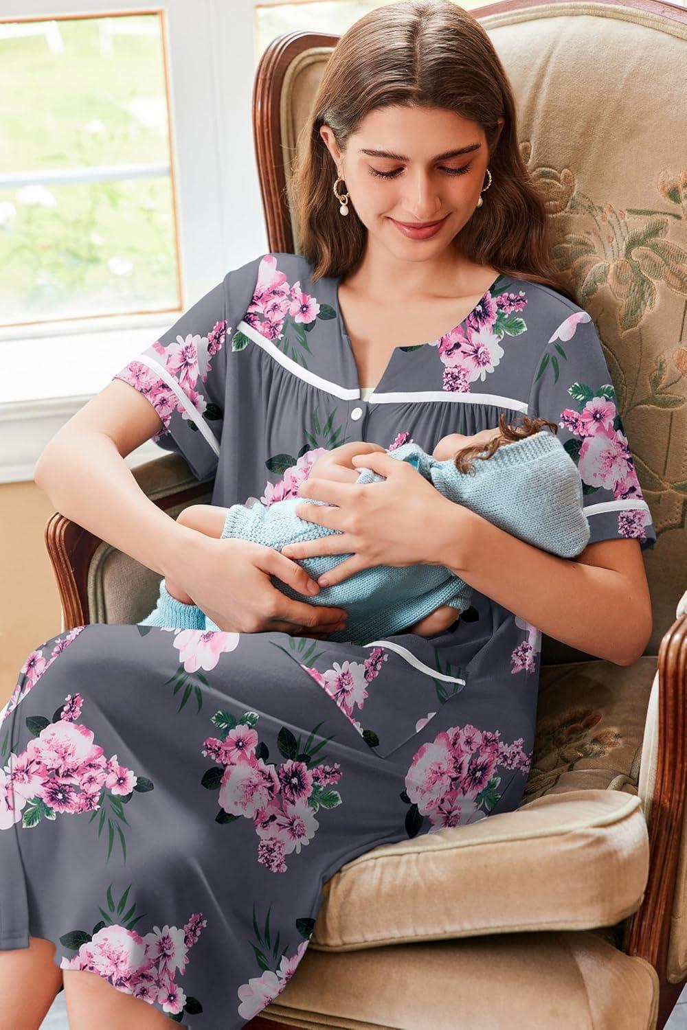 imageEkouaer Nightgowns for Women House Dress with Pockets Button Down Sleepshirt Short Sleeve Nightshirt HousecoatGrey Flower