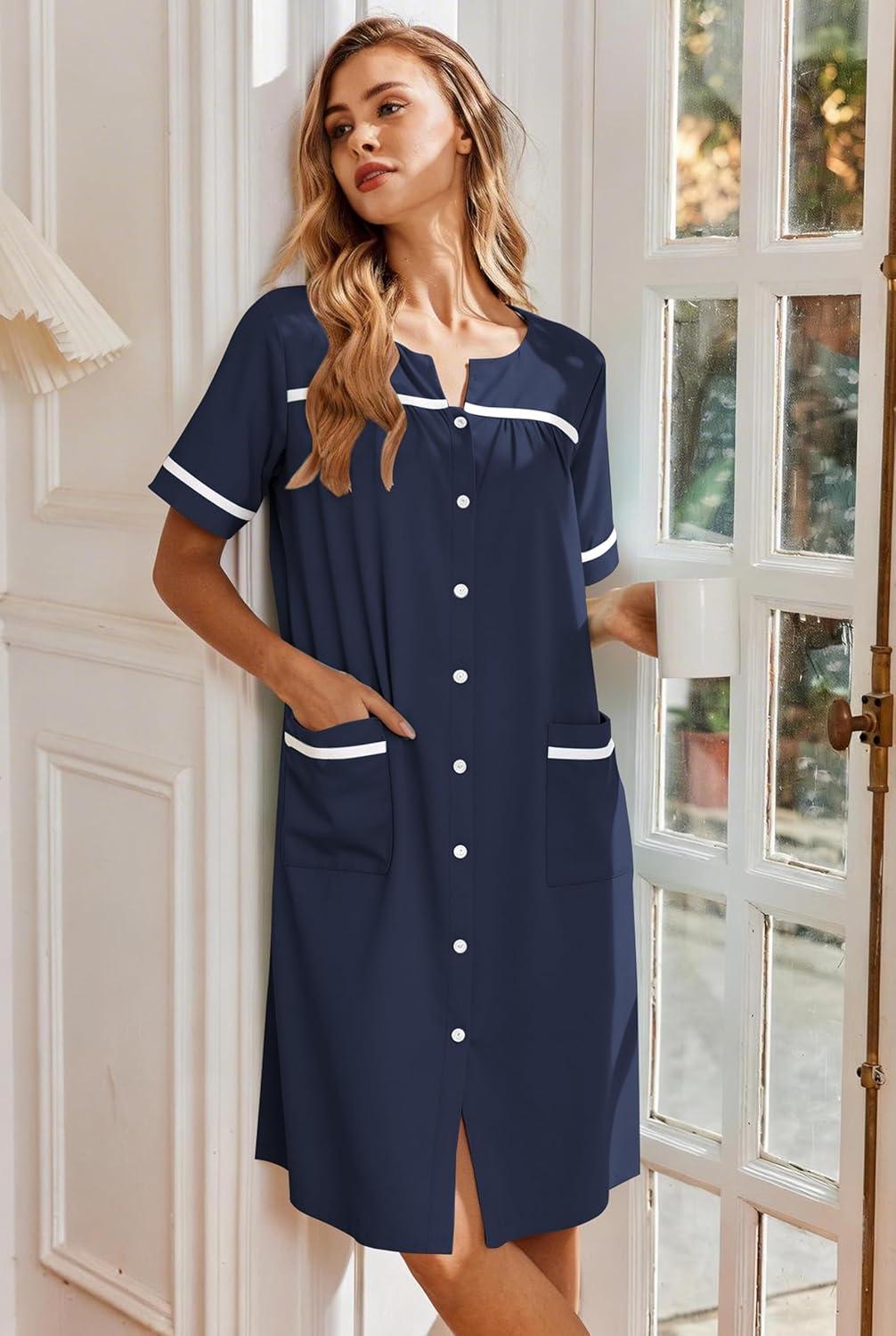 imageEkouaer Nightgowns for Women House Dress with Pockets Button Down Sleepshirt Short Sleeve Nightshirt HousecoatNavy