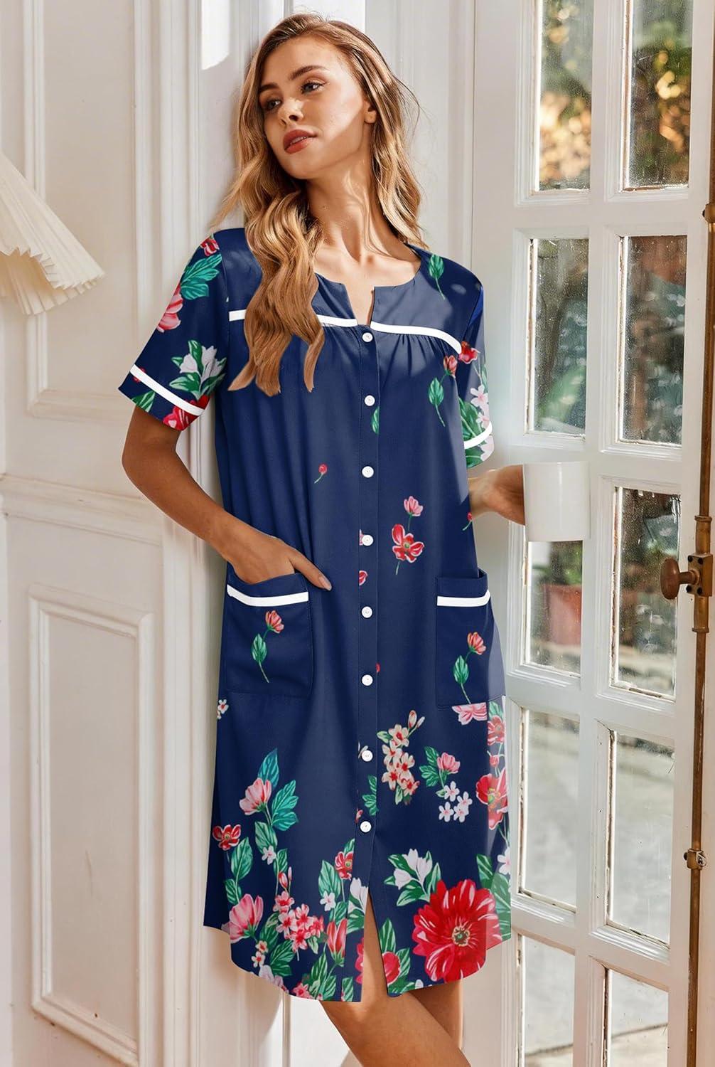 imageEkouaer Nightgowns for Women House Dress with Pockets Button Down Sleepshirt Short Sleeve Nightshirt HousecoatNavy Flower