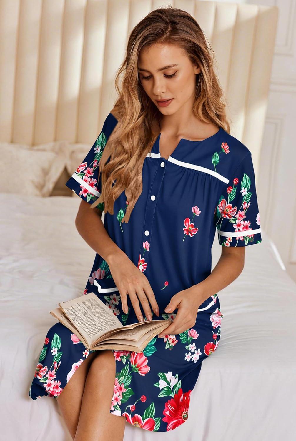 imageEkouaer Nightgowns for Women House Dress with Pockets Button Down Sleepshirt Short Sleeve Nightshirt HousecoatNavy Flower
