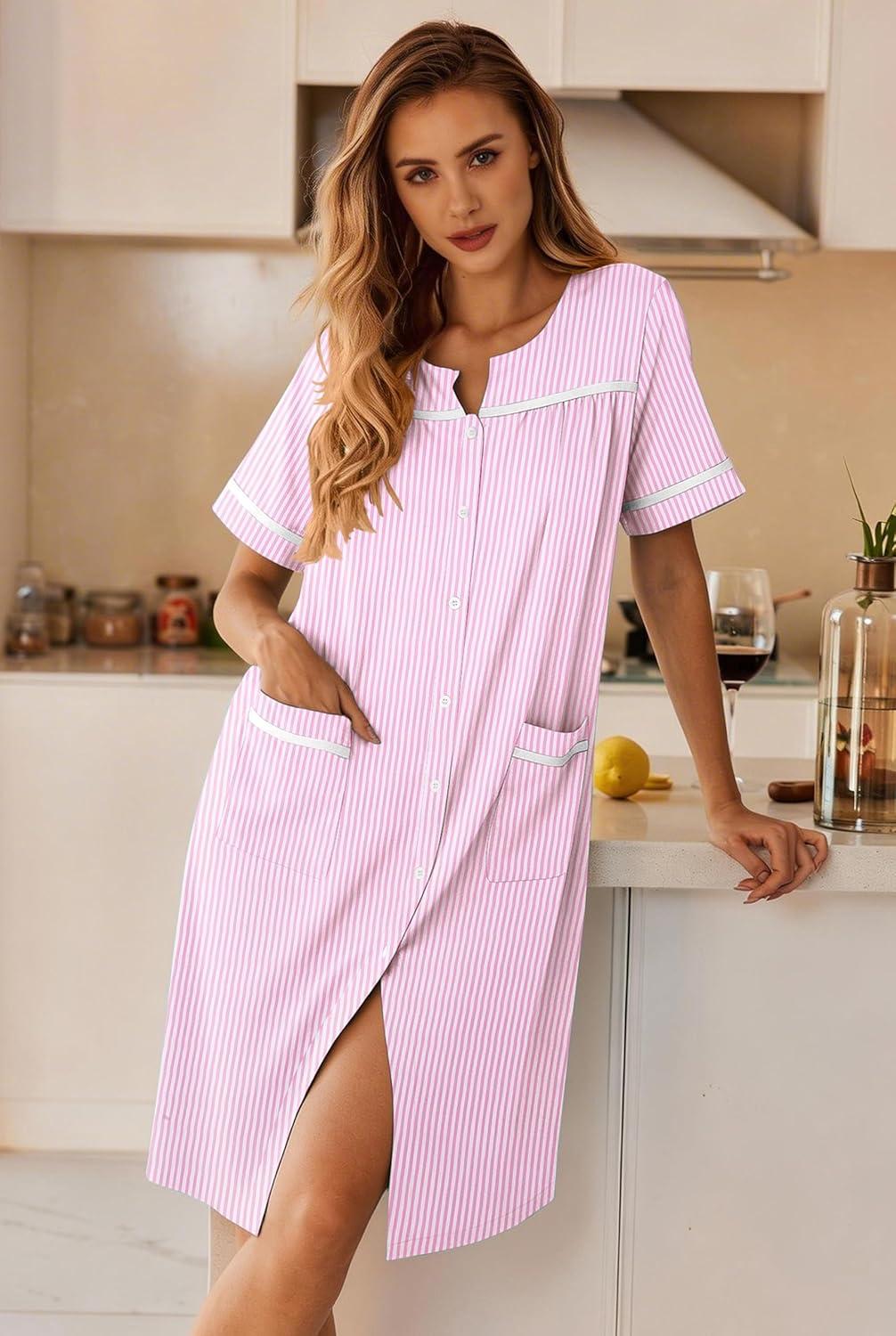 imageEkouaer Nightgowns for Women House Dress with Pockets Button Down Sleepshirt Short Sleeve Nightshirt HousecoatPink Striped