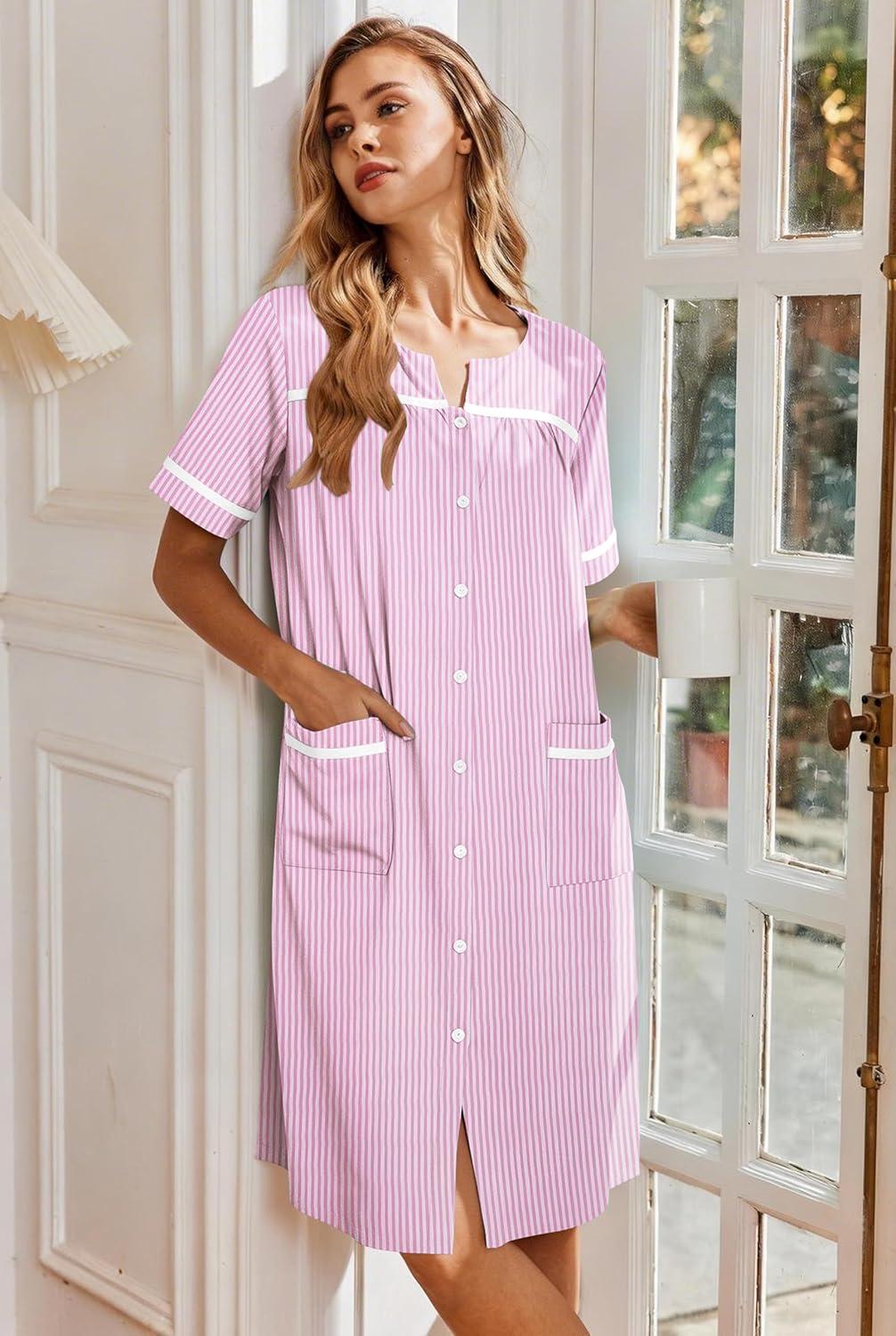 imageEkouaer Nightgowns for Women House Dress with Pockets Button Down Sleepshirt Short Sleeve Nightshirt HousecoatPink Striped