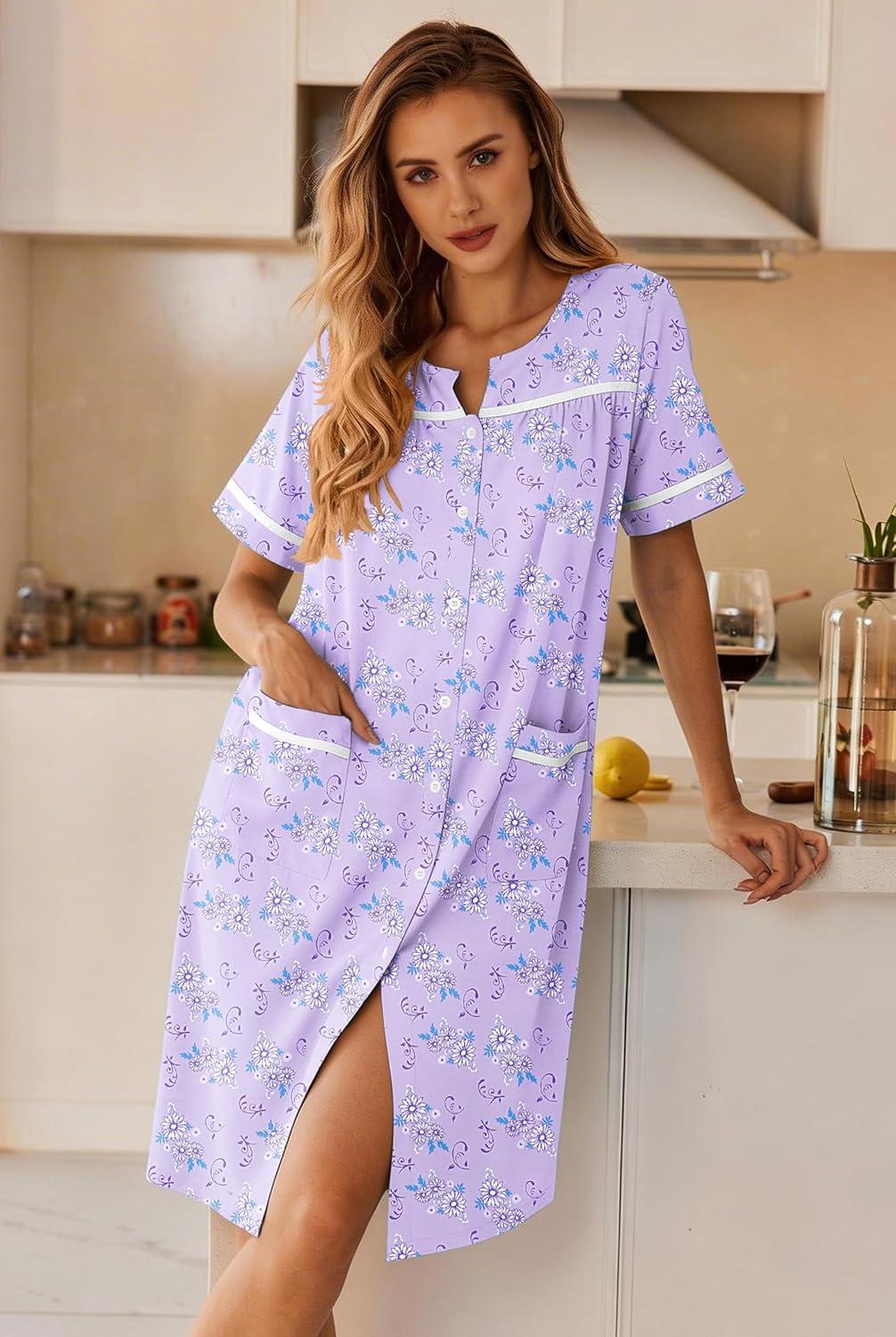 imageEkouaer Nightgowns for Women House Dress with Pockets Button Down Sleepshirt Short Sleeve Nightshirt HousecoatPurple Floral