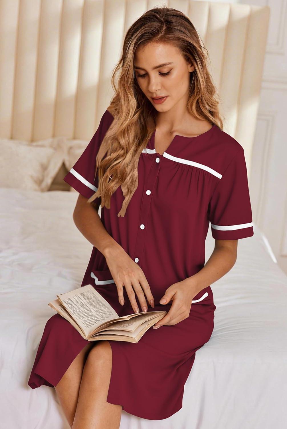 imageEkouaer Nightgowns for Women House Dress with Pockets Button Down Sleepshirt Short Sleeve Nightshirt HousecoatWine Red