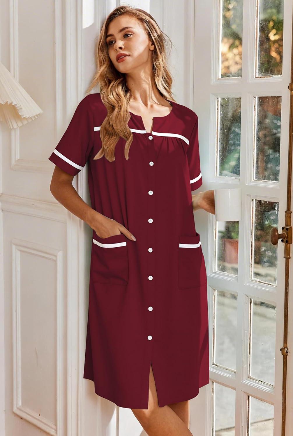 imageEkouaer Nightgowns for Women House Dress with Pockets Button Down Sleepshirt Short Sleeve Nightshirt HousecoatWine Red