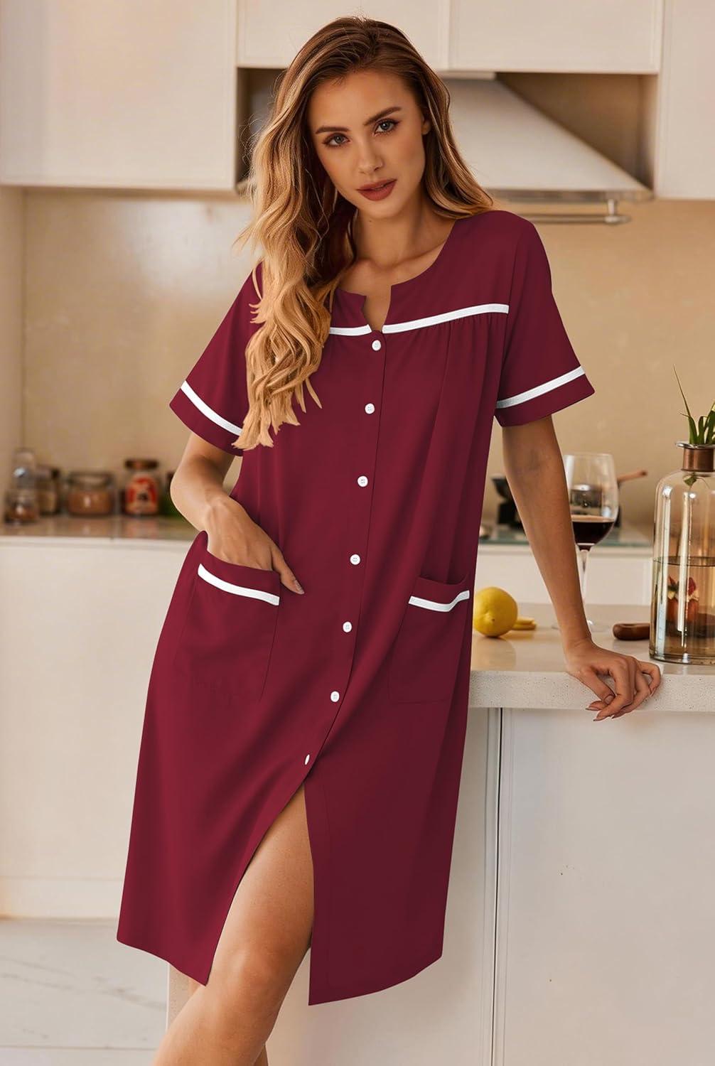 imageEkouaer Nightgowns for Women House Dress with Pockets Button Down Sleepshirt Short Sleeve Nightshirt HousecoatWine Red