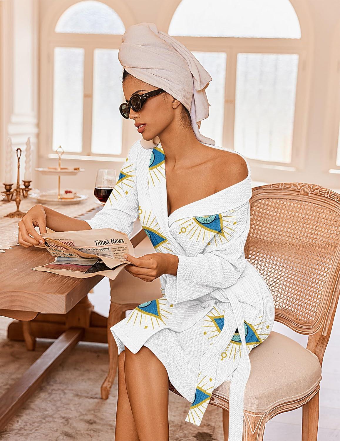 imageEkouaer Robes for Women Waffle Knit Bathrobe Lightweight Kimono Robe Knee Length Loungewear with PocketsWhite Blue Eye Print