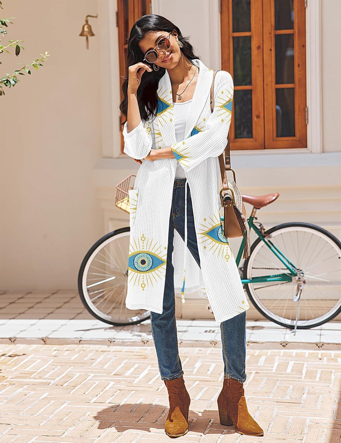 imageEkouaer Robes for Women Waffle Knit Bathrobe Lightweight Kimono Robe Knee Length Loungewear with PocketsWhite Blue Eye Print