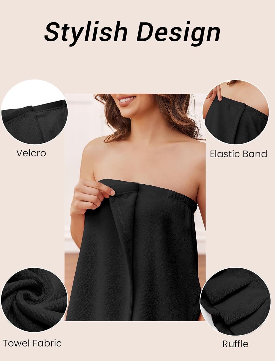 imageEkouaer Towel Wrap for Women With Velcro Ruffle Shower Wrap Spa Robes For Women Lightweight Knee Length Sauna RobeBlack