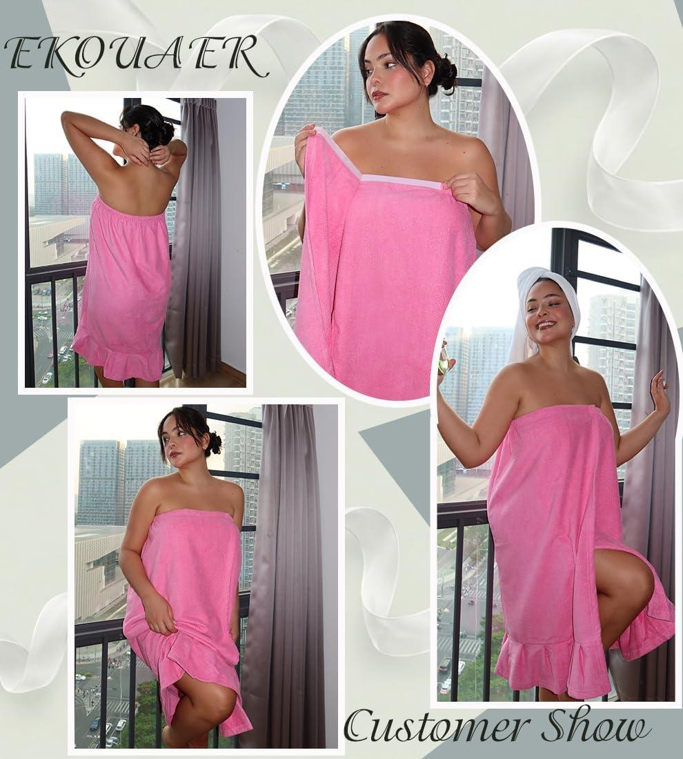 imageEkouaer Towel Wrap for Women With Velcro Ruffle Shower Wrap Spa Robes For Women Lightweight Knee Length Sauna RobeHot Pink