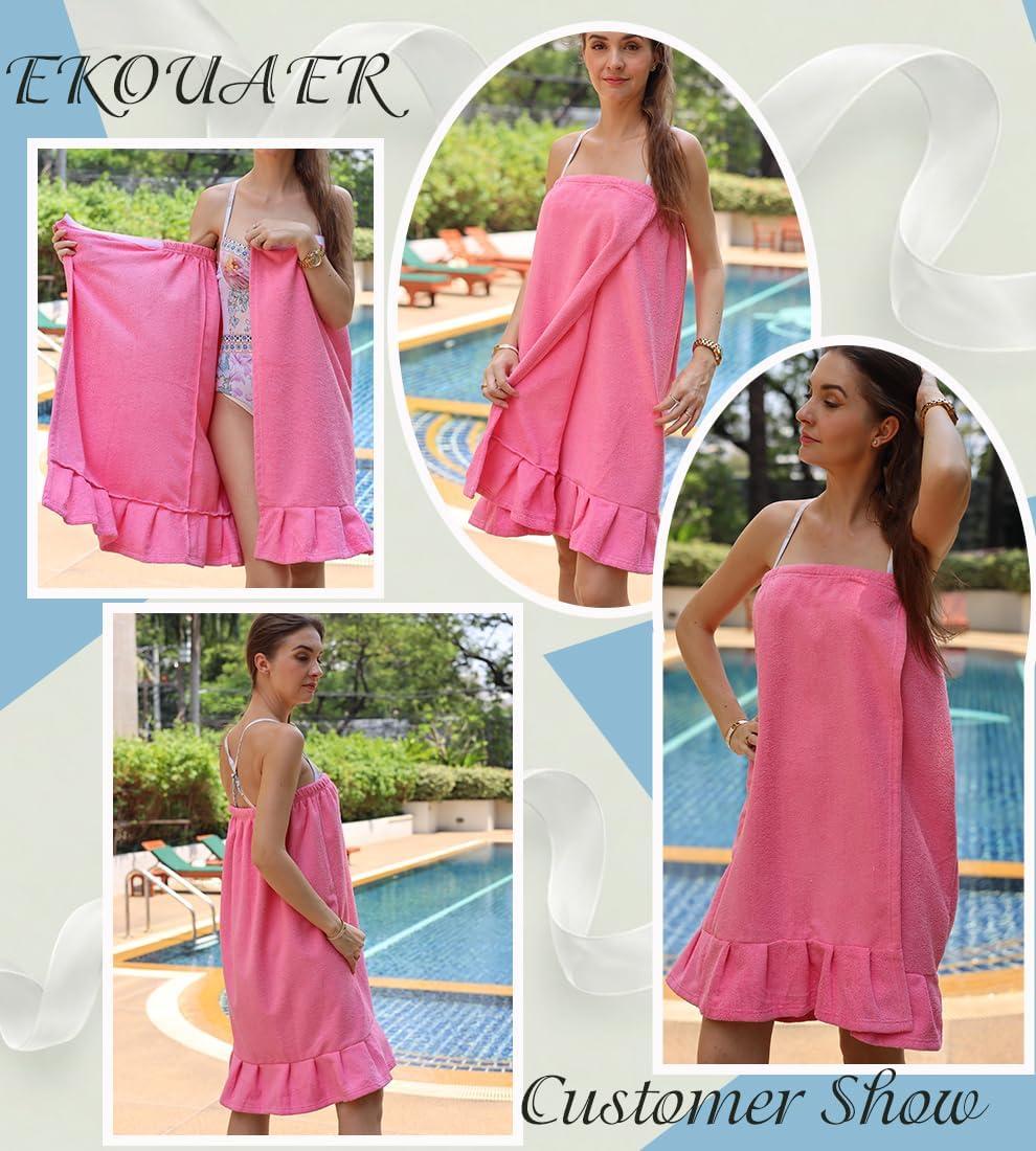 imageEkouaer Towel Wrap for Women With Velcro Ruffle Shower Wrap Spa Robes For Women Lightweight Knee Length Sauna RobeHot Pink