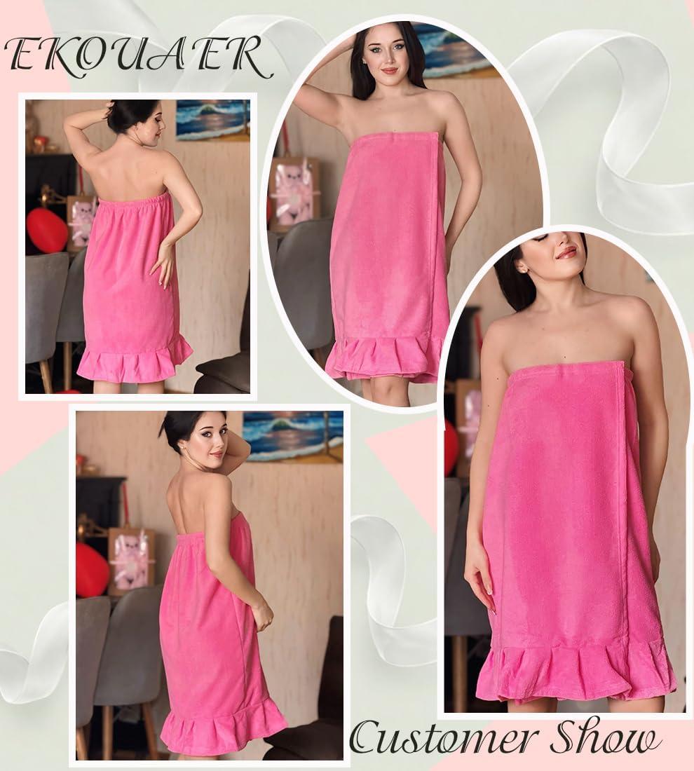 imageEkouaer Towel Wrap for Women With Velcro Ruffle Shower Wrap Spa Robes For Women Lightweight Knee Length Sauna RobeHot Pink