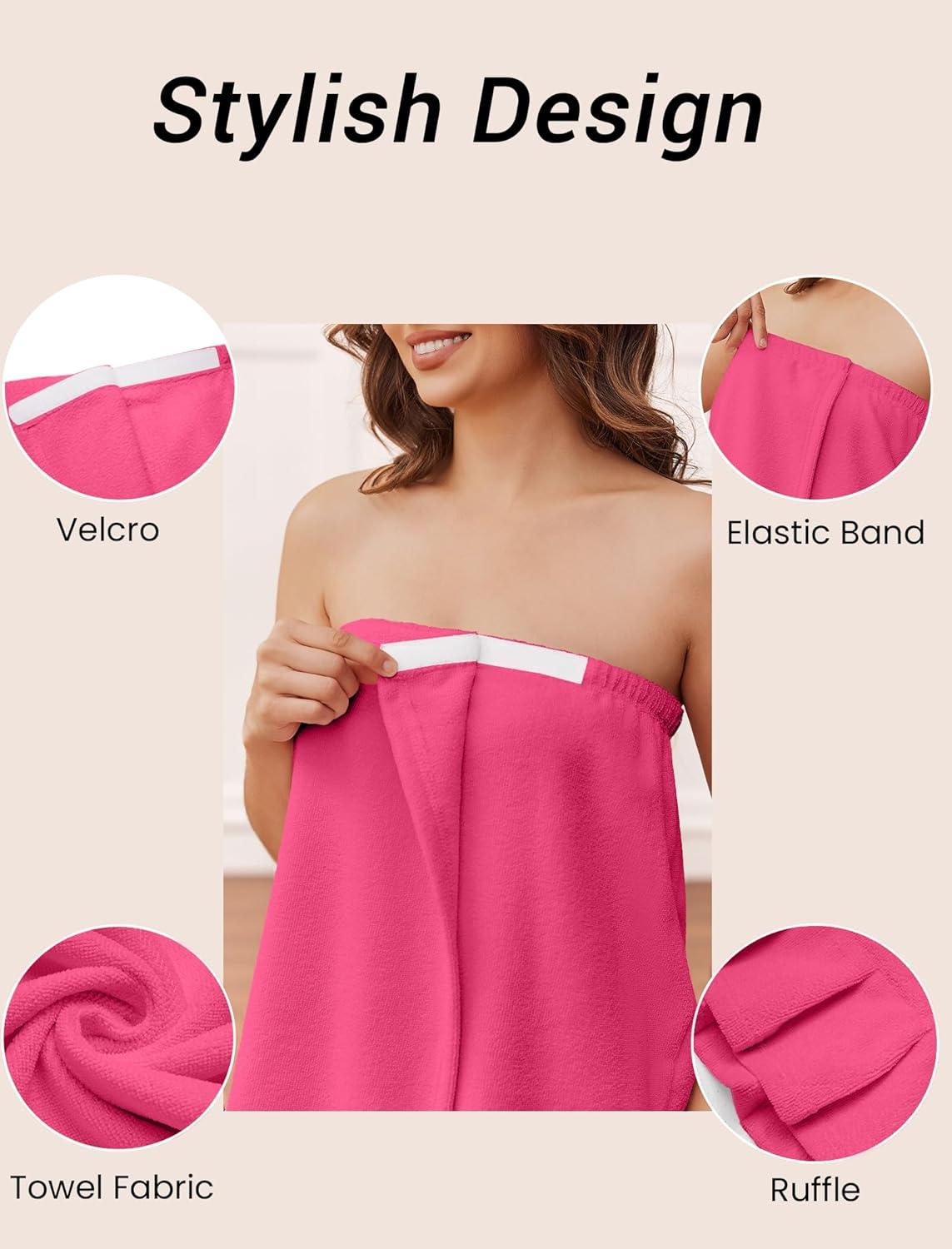 imageEkouaer Towel Wrap for Women With Velcro Ruffle Shower Wrap Spa Robes For Women Lightweight Knee Length Sauna RobeHot Pink