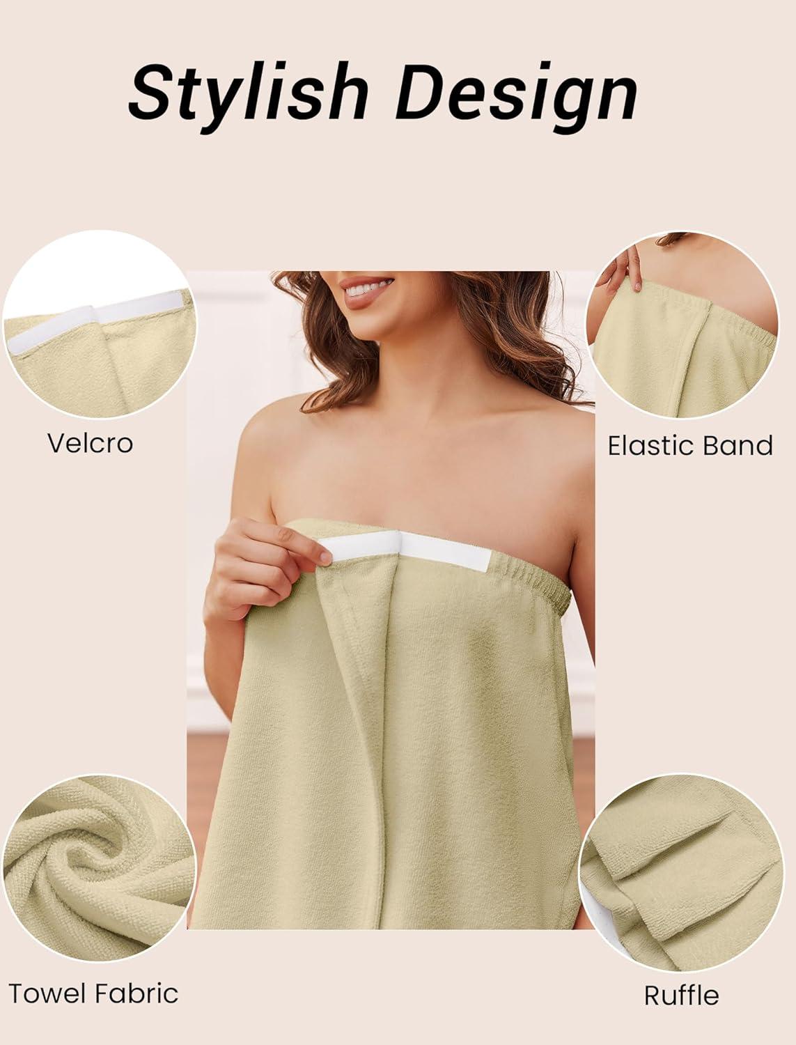 imageEkouaer Towel Wrap for Women With Velcro Ruffle Shower Wrap Spa Robes For Women Lightweight Knee Length Sauna RobeKhaki
