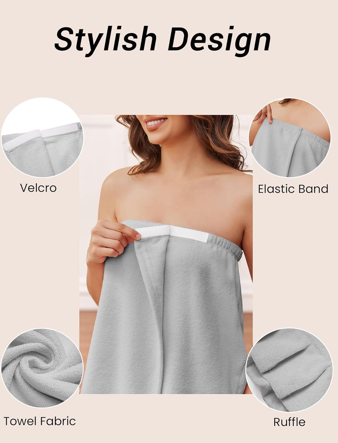imageEkouaer Towel Wrap for Women With Velcro Ruffle Shower Wrap Spa Robes For Women Lightweight Knee Length Sauna RobeLight Gray