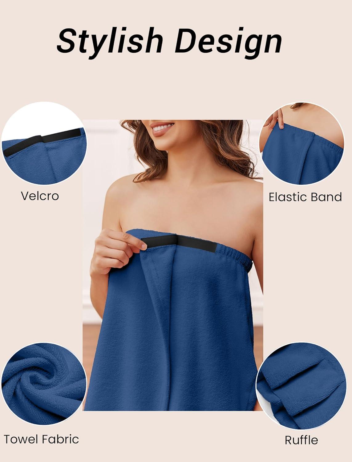 imageEkouaer Towel Wrap for Women With Velcro Ruffle Shower Wrap Spa Robes For Women Lightweight Knee Length Sauna RobeNavy Blue
