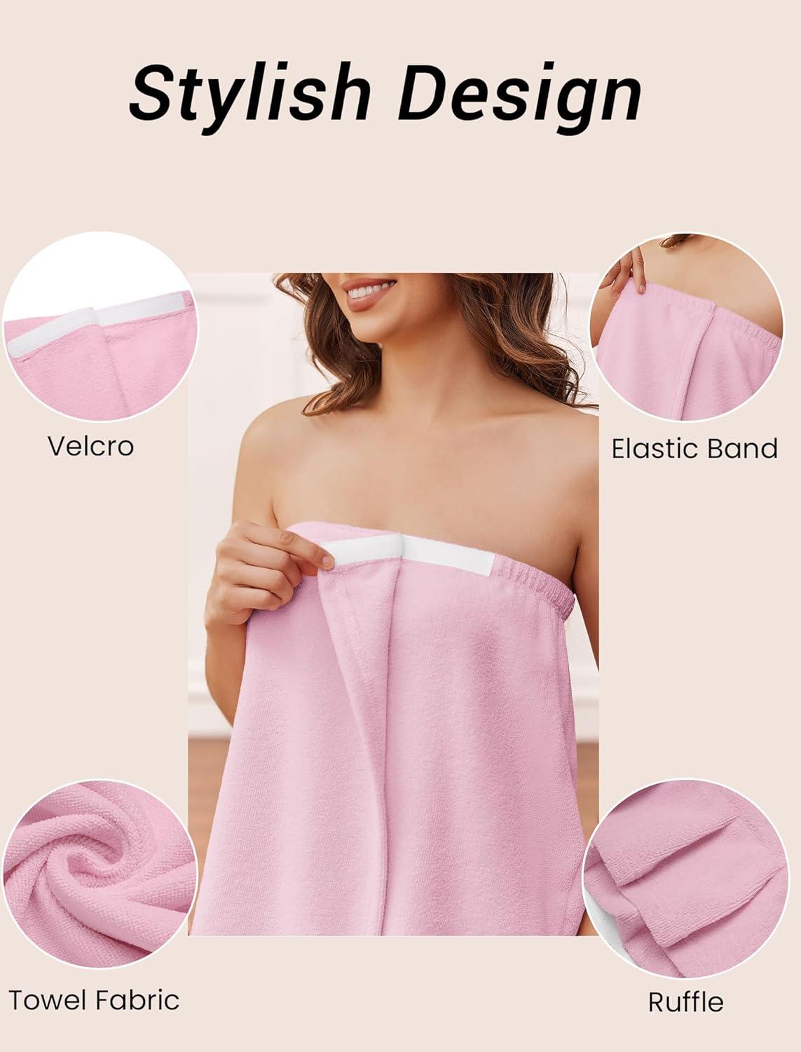imageEkouaer Towel Wrap for Women With Velcro Ruffle Shower Wrap Spa Robes For Women Lightweight Knee Length Sauna RobePink