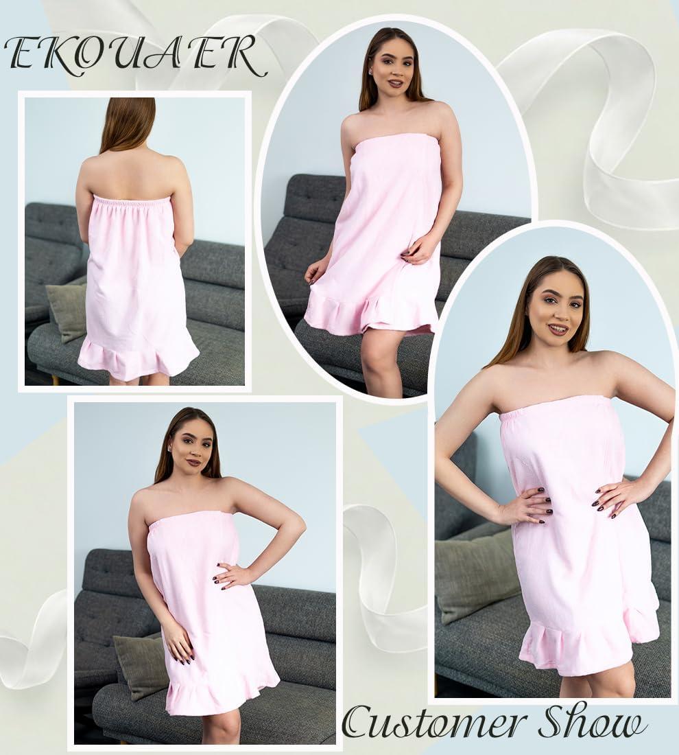 imageEkouaer Towel Wrap for Women With Velcro Ruffle Shower Wrap Spa Robes For Women Lightweight Knee Length Sauna RobePink