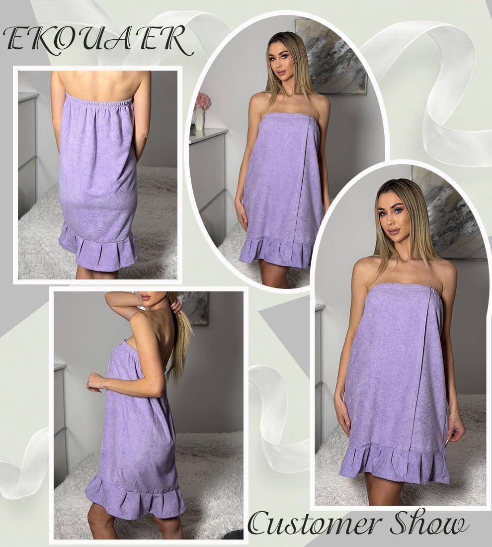 imageEkouaer Towel Wrap for Women With Velcro Ruffle Shower Wrap Spa Robes For Women Lightweight Knee Length Sauna RobePurple