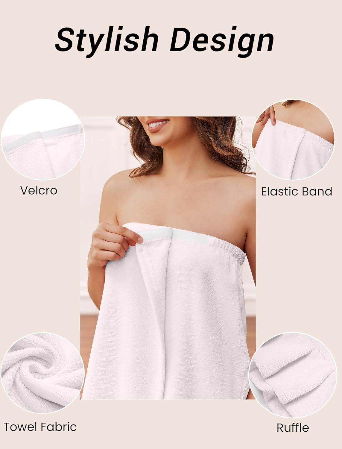 imageEkouaer Towel Wrap for Women With Velcro Ruffle Shower Wrap Spa Robes For Women Lightweight Knee Length Sauna RobeWhite