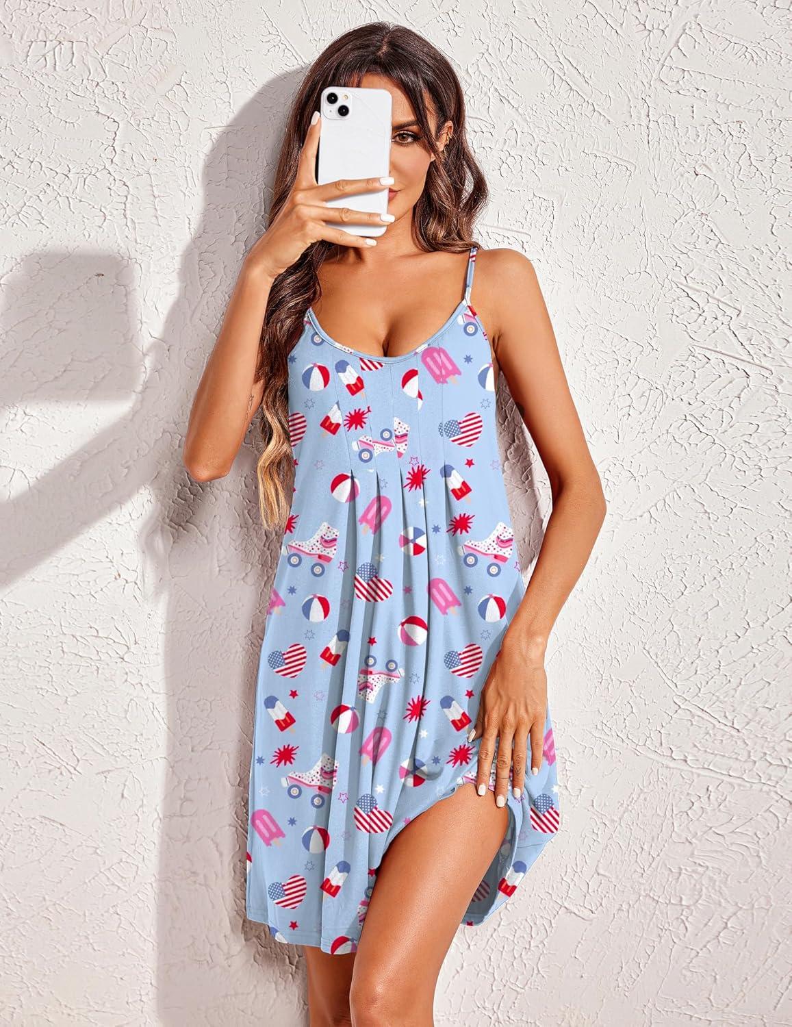 imageEkouaer Women Nightgowns Sleeveless Sleepwear Spaghetti Strap Racerback Pajama Dress NightshirtFlag Blue
