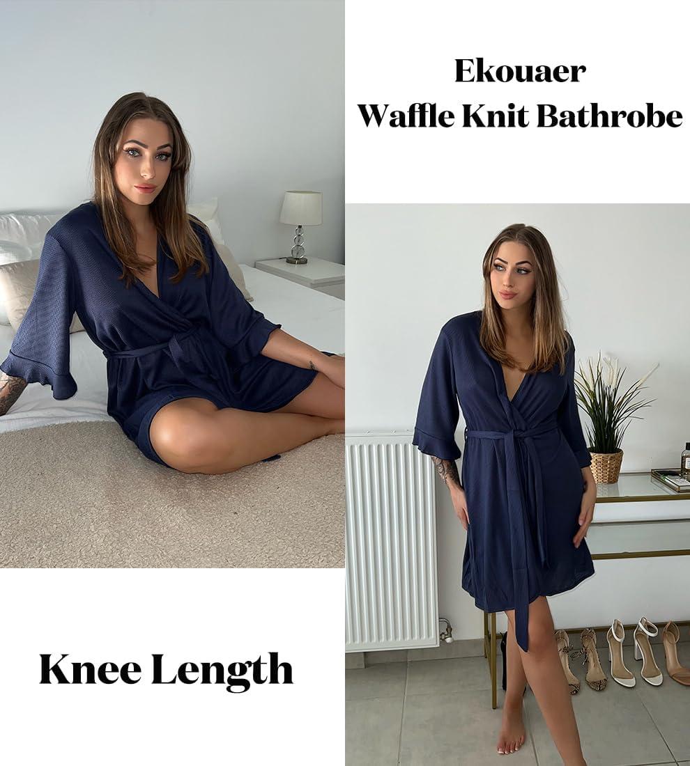 imageEkouaer Women Waffle Robes 34 Sleeve Ruffle Knit Bathrobe Soft Lightweight Knee Length Robe LoungewearNavy Blue