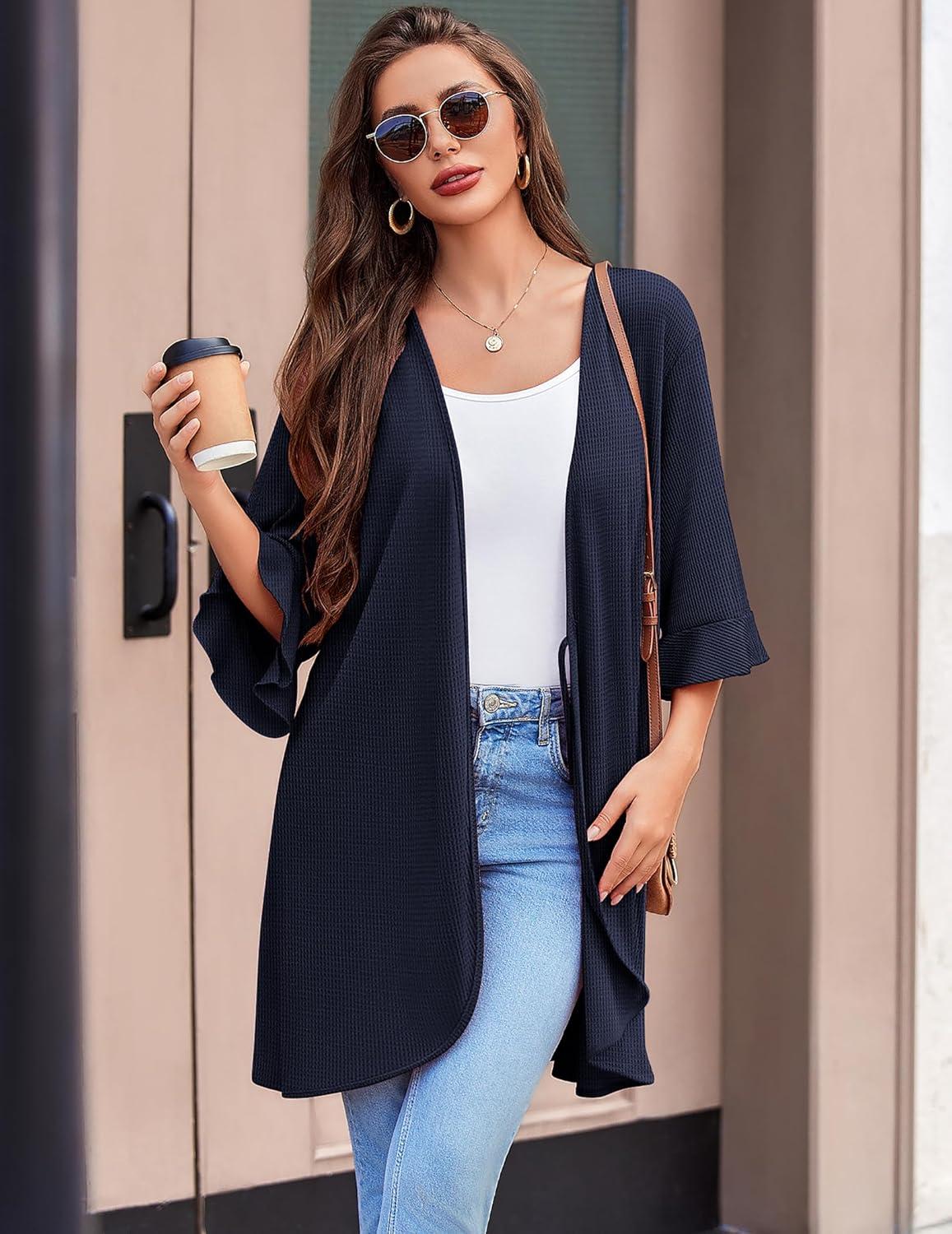 imageEkouaer Women Waffle Robes 34 Sleeve Ruffle Knit Bathrobe Soft Lightweight Knee Length Robe LoungewearNavy Blue