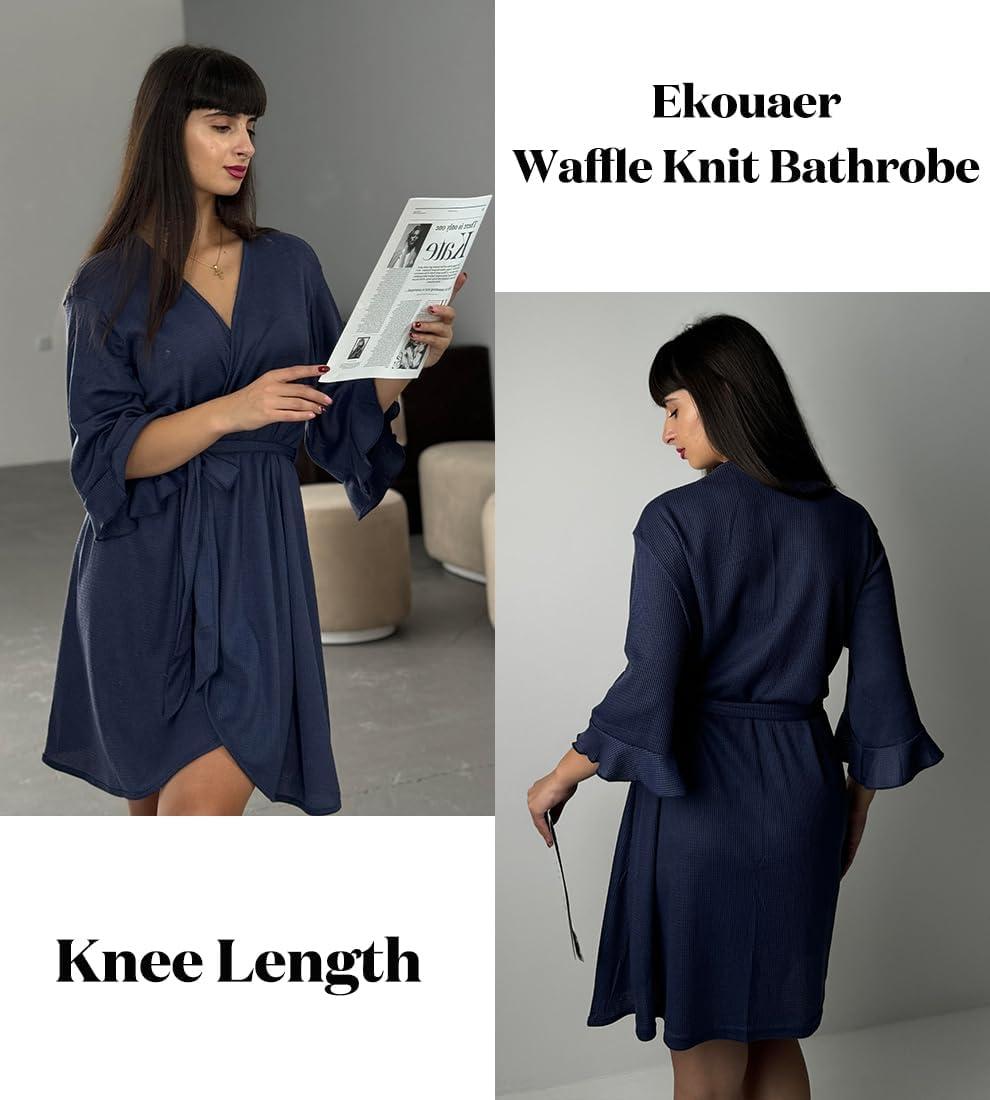imageEkouaer Women Waffle Robes 34 Sleeve Ruffle Knit Bathrobe Soft Lightweight Knee Length Robe LoungewearNavy Blue
