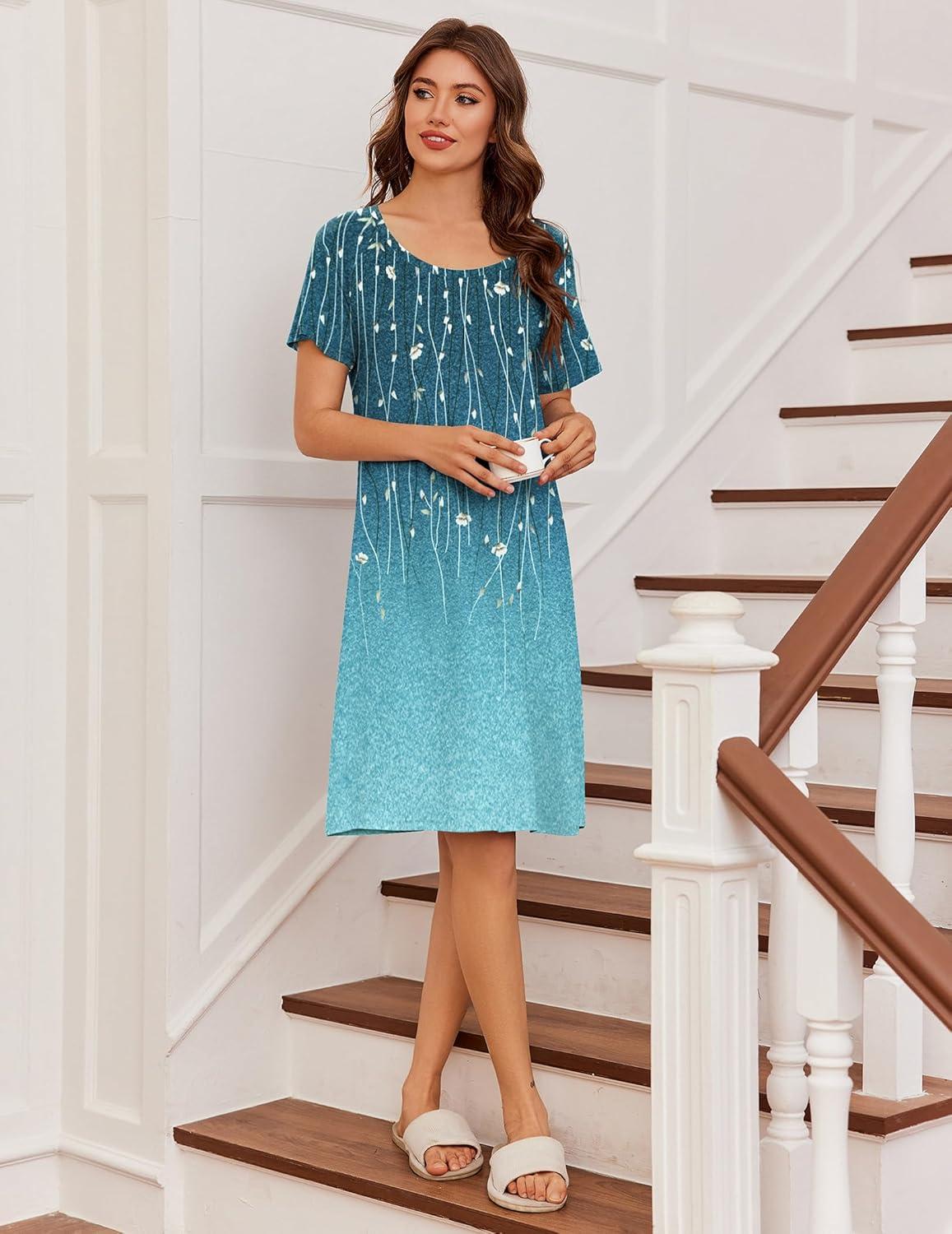 imageEkouaer Womens Nightgown Short Sleeve Night Dress Printed Sleepwear Soft Sleep Shirt S3XLCyan Vine
