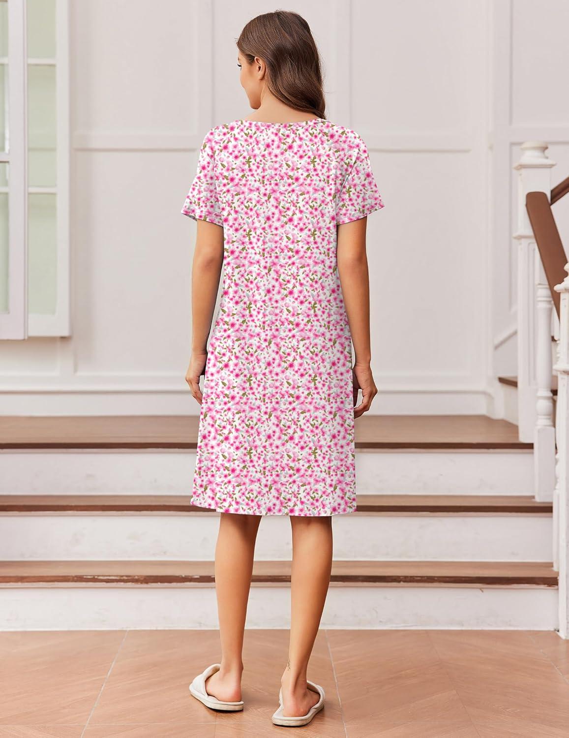 imageEkouaer Womens Nightgown Short Sleeve Night Dress Printed Sleepwear Soft Sleep Shirt S3XLPink Floral