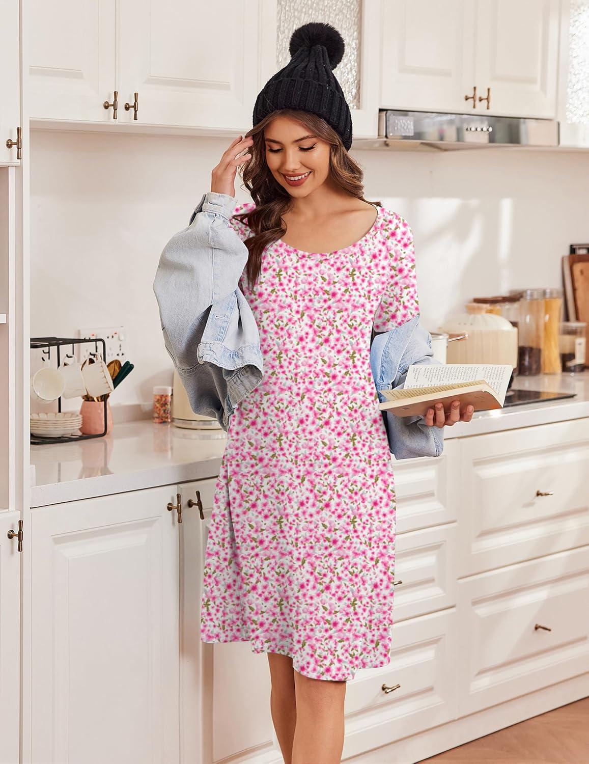 imageEkouaer Womens Nightgown Short Sleeve Night Dress Printed Sleepwear Soft Sleep Shirt S3XLPink Floral