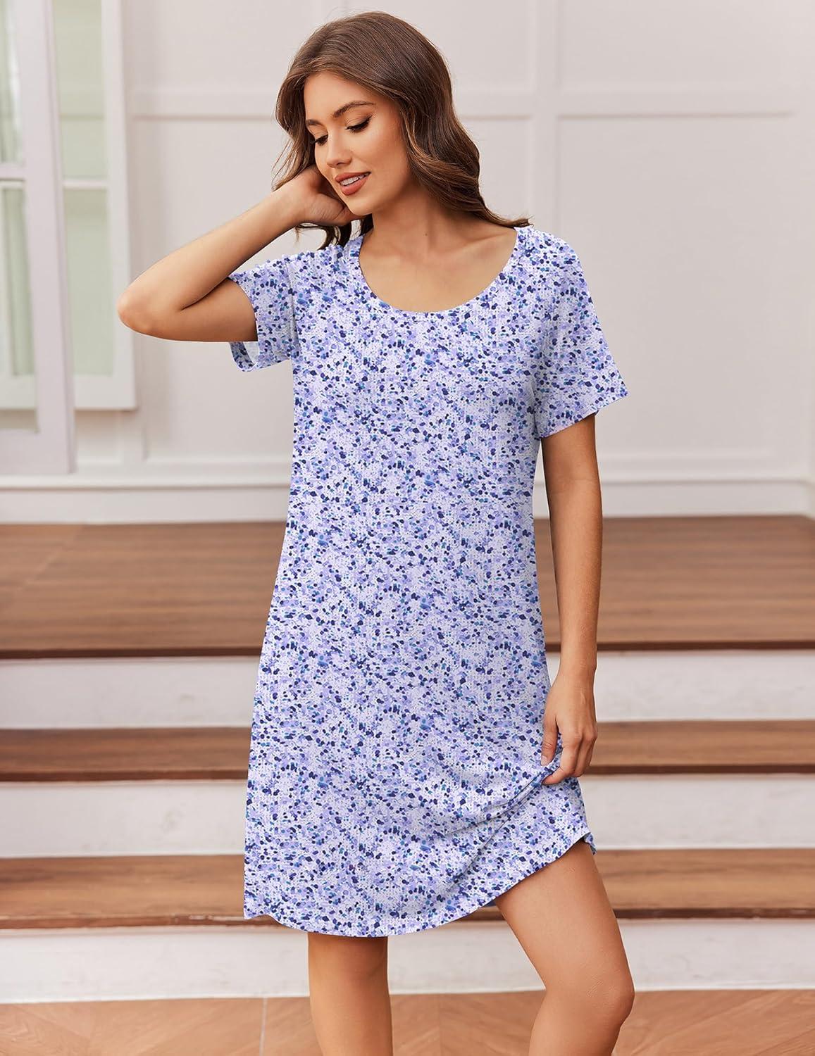 imageEkouaer Womens Nightgown Short Sleeve Night Dress Printed Sleepwear Soft Sleep Shirt S3XLPurple Point