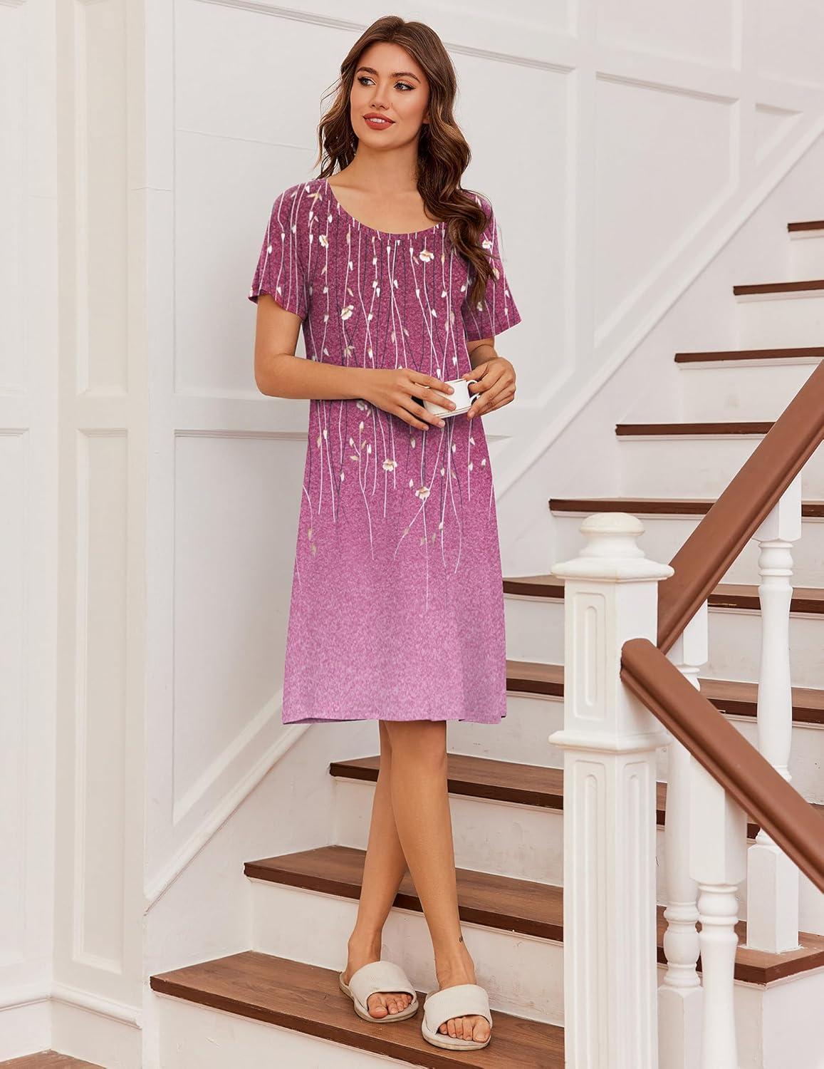 imageEkouaer Womens Nightgown Short Sleeve Night Dress Printed Sleepwear Soft Sleep Shirt S3XLPurple Vine