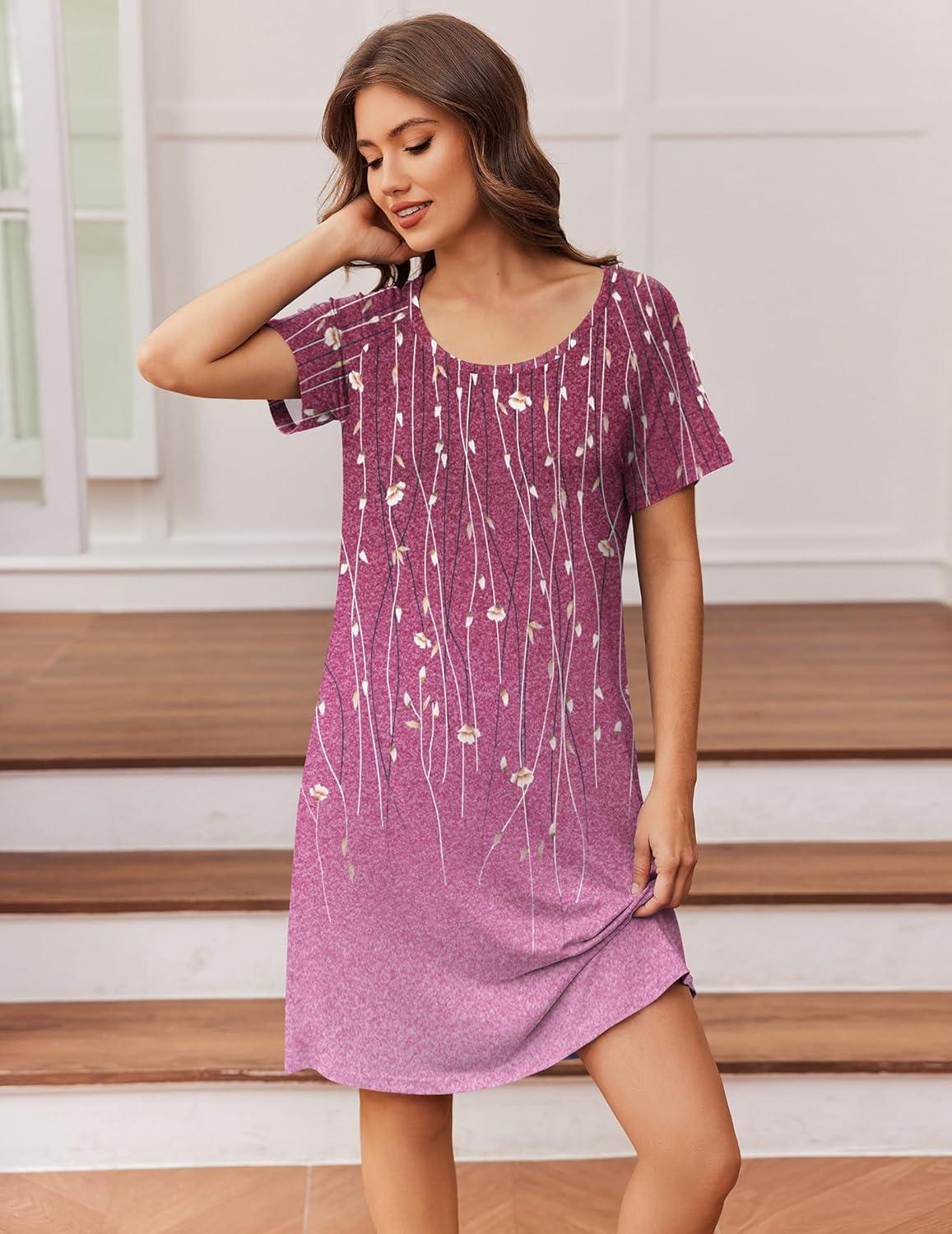 imageEkouaer Womens Nightgown Short Sleeve Night Dress Printed Sleepwear Soft Sleep Shirt S3XLPurple Vine