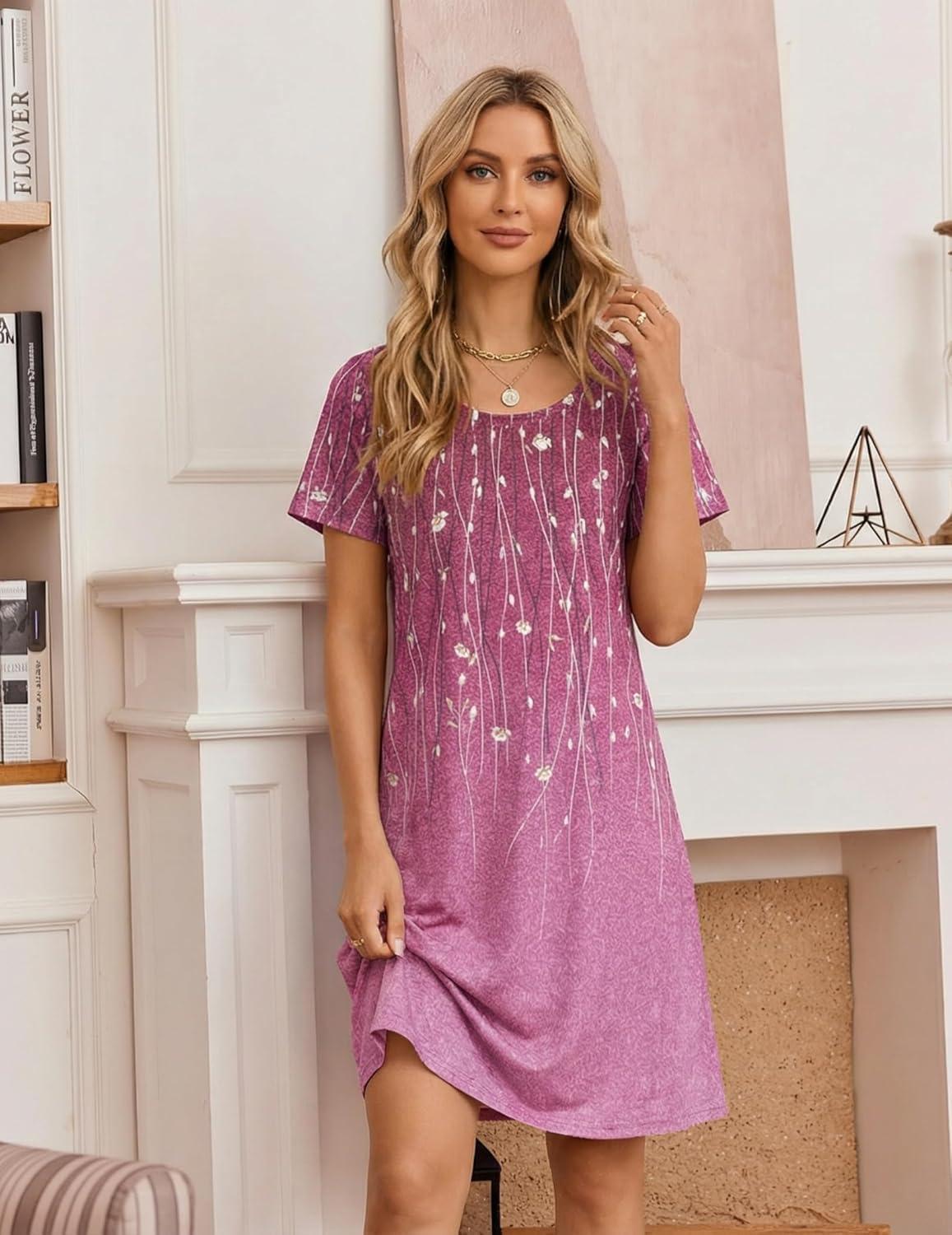 imageEkouaer Womens Nightgown Short Sleeve Night Dress Printed Sleepwear Soft Sleep Shirt S3XLPurple Vine