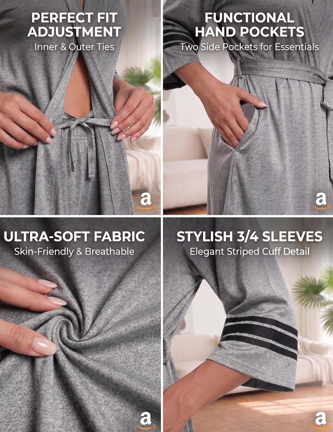 imageEkouaer Womens Robe Lightweight 34 Sleeve Bathrobe Soft Short Knit Sleepwear with PocketsLight Gray
