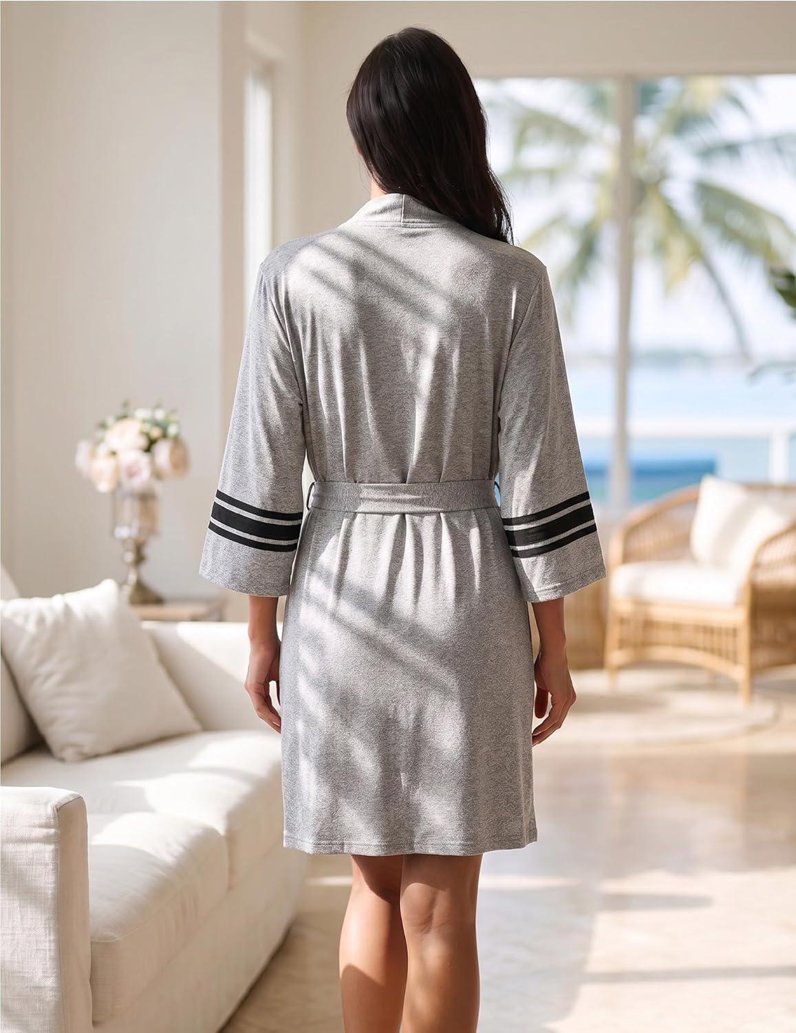 imageEkouaer Womens Robe Lightweight 34 Sleeve Bathrobe Soft Short Knit Sleepwear with PocketsLight Gray