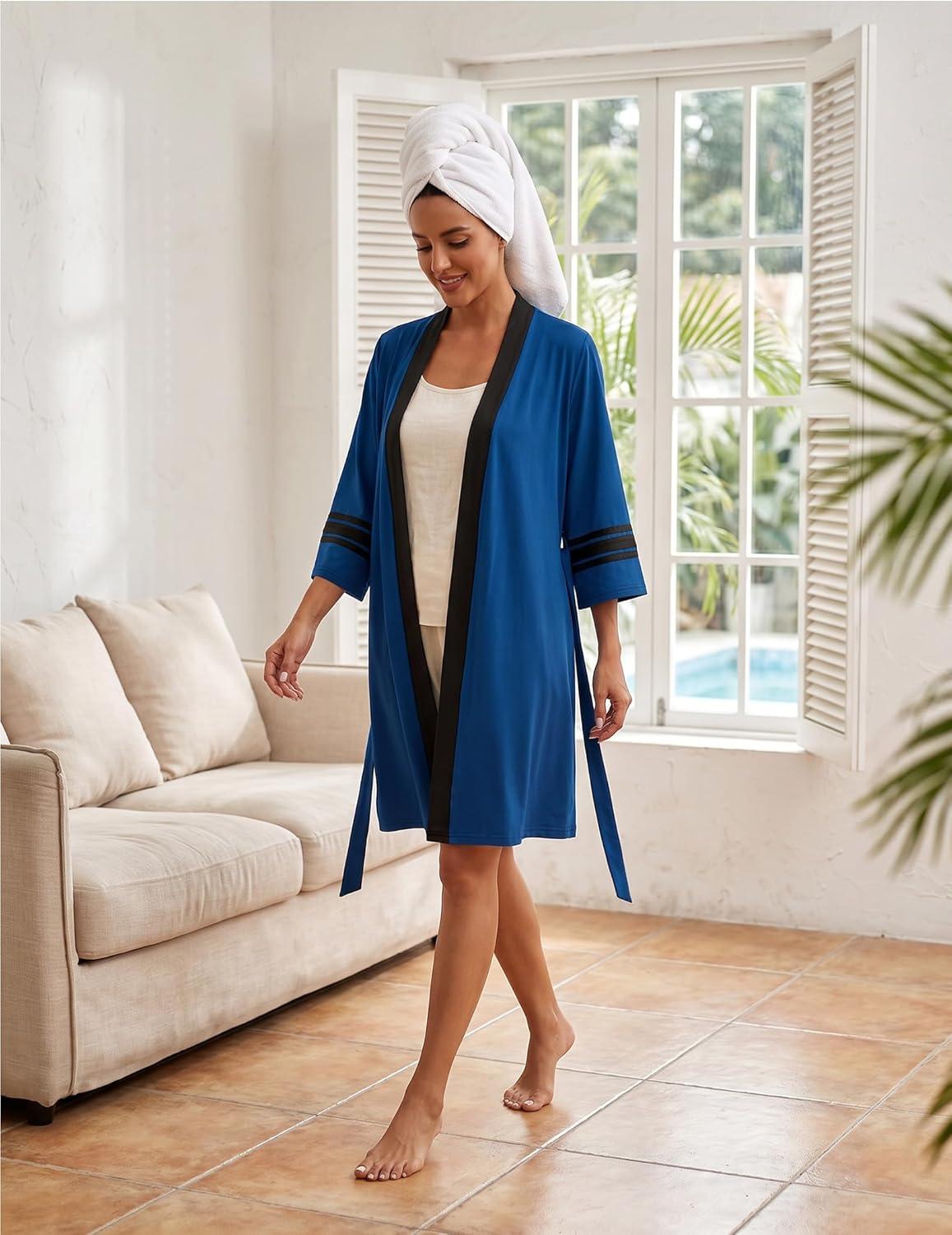 imageEkouaer Womens Robe Lightweight 34 Sleeve Bathrobe Soft Short Knit Sleepwear with PocketsRoyal Blue