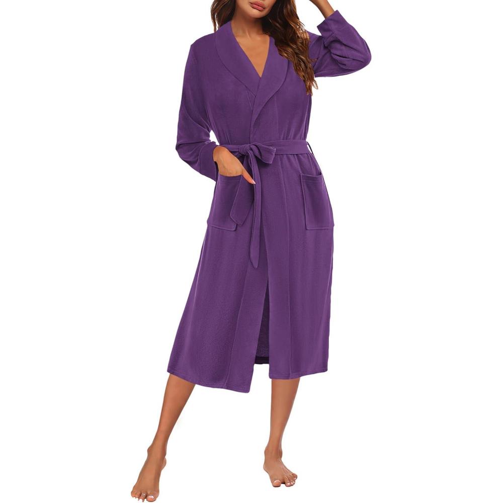 imageEkouaer Fleece Robes for Women Plush Knit Bathrobes Lightweight Spa Housecoats with Pocket Soft Ladies Loungewear SXXL